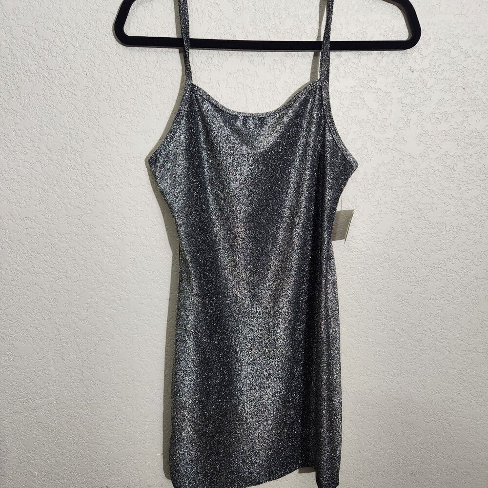 5 B Style Dress Womens Silver Black Glitter Spaghetti Strap Mini Large Juniors